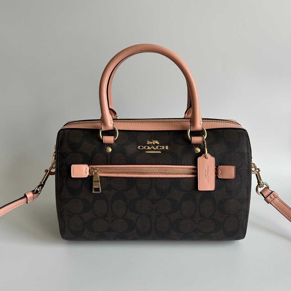 Coach Rowan Satchel Brown Pink Signature Canvas Leather Bag J2198-83607